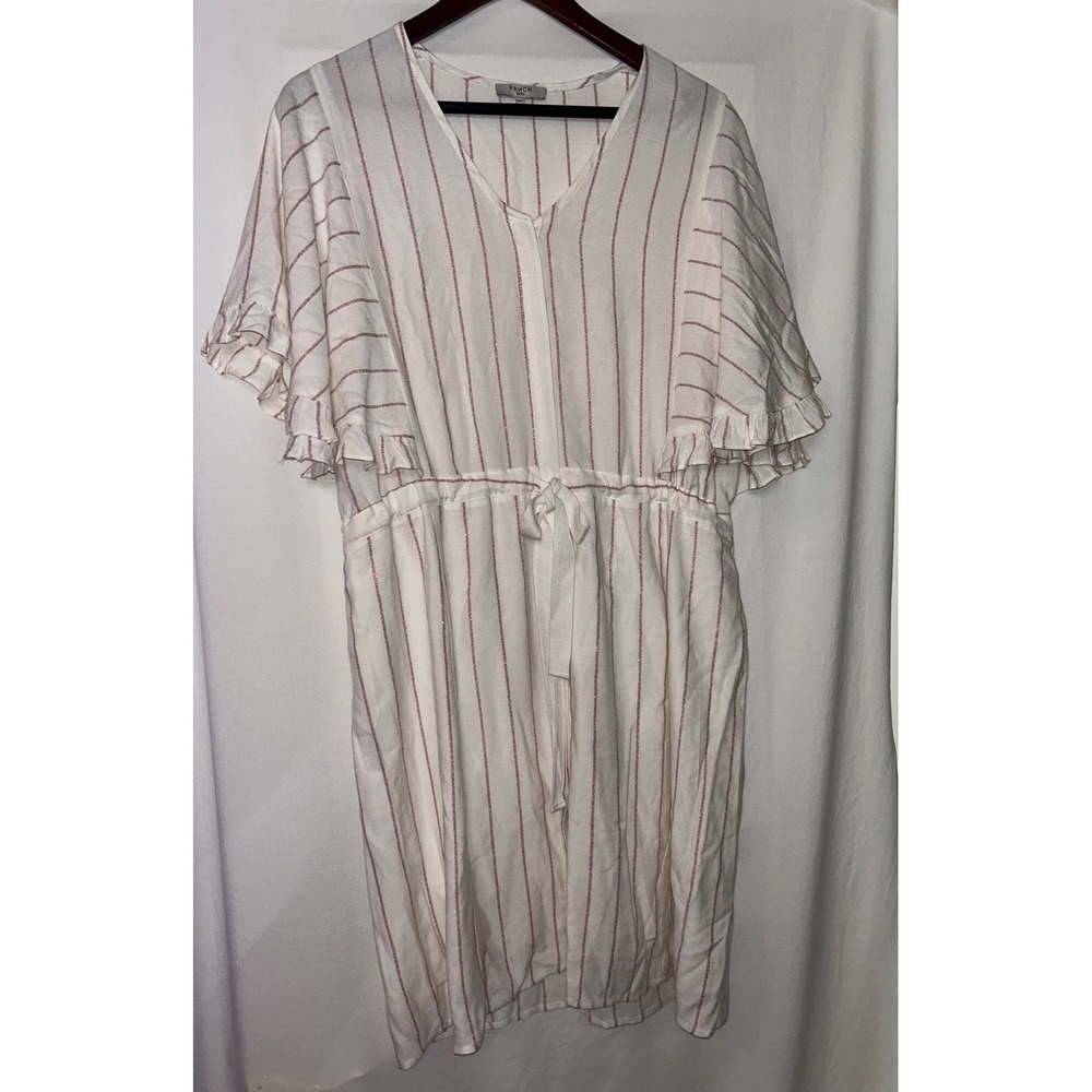 FRNCH Paris White Red Striped‎ Dress Ruffle Sleeves Tie Waist S/M